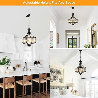 CNRATYE 16" Modern Black Crystal Chandelier, 4-Light Farmhouse Dining Room Light Fixtures Over Table Hanging, Antique Round Pendant Lights Kitchen Island Entryway Bedroom Office Stairwell Hallway