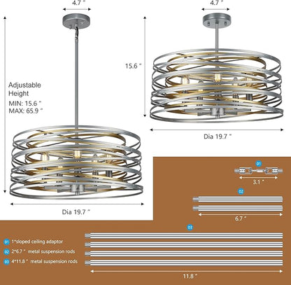 ACNKTZ 19.7'' Double Round Metal Chandelier, 5-Light Modern Farmhouse Dining Room Lights Over Table, Gold Chandelier for Hallway Kitchen Island Entryway Stairwell, Silver with Gold Interior