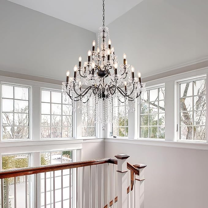 Wellmet Black Chandelier Light Fixture, Luxury Maria Theresa Crystal Chandeliers for High Ceiling Foyer, 24 Lights Hanging Pendant Light for Living Room EntryWay Hall Staircase Large 35.66" (Black)
