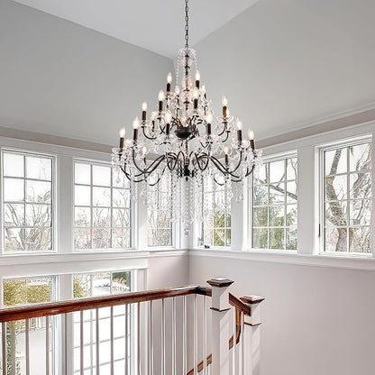 Wellmet Black Chandelier Light Fixture, Luxury Maria Theresa Crystal Chandeliers for High Ceiling Foyer, 24 Lights Hanging Pendant Light for Living Room EntryWay Hall Staircase Large 35.66" (Black)