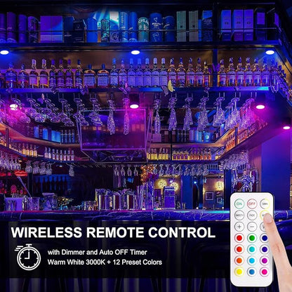 BLS LED Puck Lights with Remote Control, Wireless Under Cabinet & Closet Lighting, RGB 13 Color Changing Lights with Dimmer, Timer & AA Battery Operated, Push, Touch, Stick on for Night, Black, 2 Pack