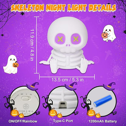 Skull Night Light, Cute Skeleton Lamp, Silicone LED Color Changing & Dimmable Helloween Room Summerween Party Decor, Squishy Rechargeable Bedside Nightlight for Christmas Birthday Gifts