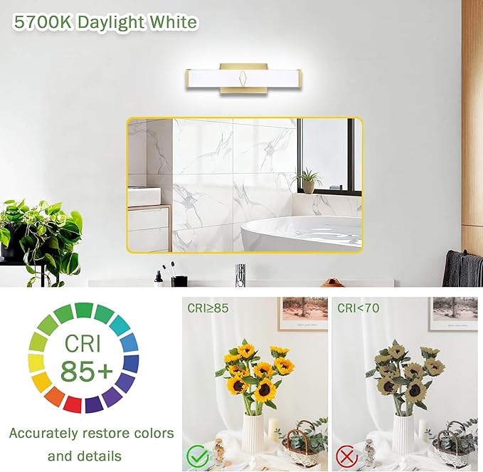 16 Inch Bathroom Vanity Light 2000LM, 5700K Daylight White Modern Bathroom Light Dimmable, AC 120V 20W Gold LED Vanity Lighting Fixtures Wall Sconce ETL Certified, 1Pack