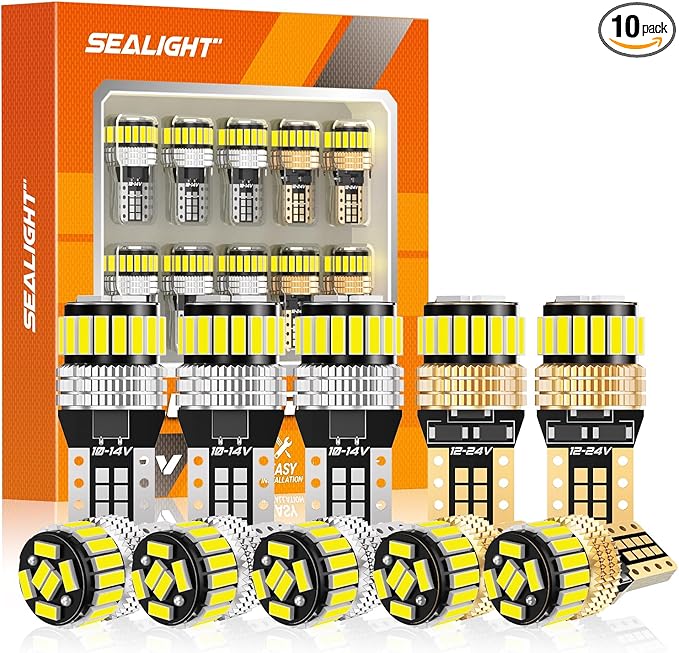 SEALIGHT 194 LED Bulb 6000K White 168 T10 2825 W5W 600% Brightness Wedge Interior Car Bulbs Replacement for License Plate Lights Dome Map Door Courtesy Trunk Parking, 10 PCS