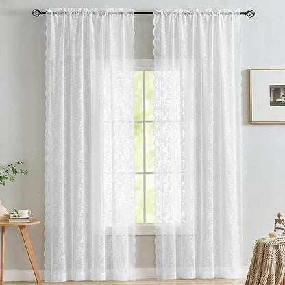 FINECITY White Lace Curtains 63 Inch Length for Bedroom, Rustic Leaf Floral Design Lace Curtain Panels, Rod Pocket Farmhouse Privacy Sheer Lace Curtains, 42 x 63 Inch, 2 Panels, White