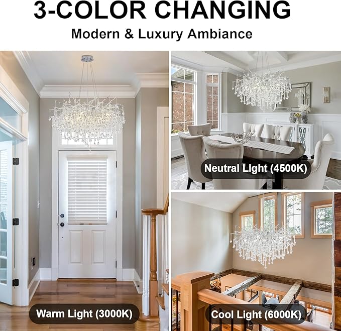 Chandeliers for Dining Room - 23.6" Modern Silver Crystal Chandelier, Round Tree Branch Raindrop Chandelier, Foyer Chandeliers for Entryway, Living Room,Bedrooms,Bathroom(Bulb not Included)
