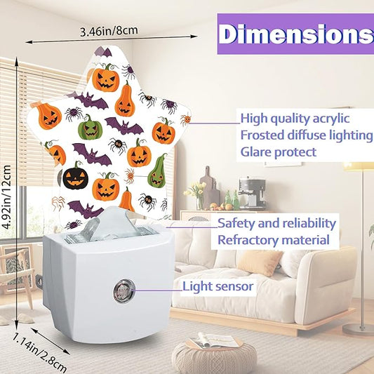 Energy Efficient Nightlights Plug In Wall, Halloween Pumpkin Night Light for Kids Bedroom Decorative, Purple Bat Spiders Dusk-To-Dawn Sensor Sleep Friendly Lamp for Nursery Bathroom Basement