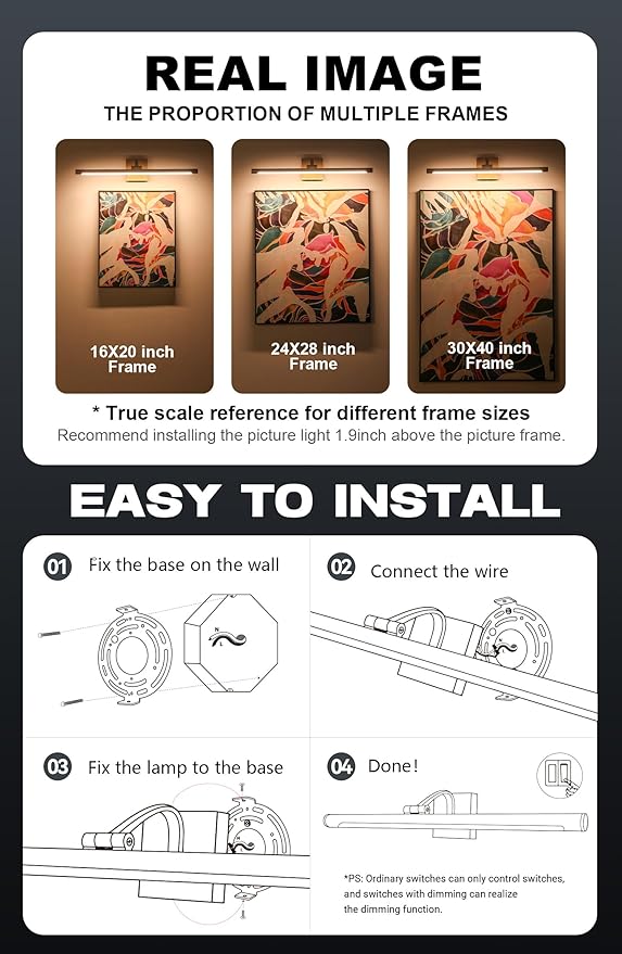 24 Inch Picture Light - Dimmable LED Wall Sconce for Artwork, Gold Brass Finish, Hardwired Gallery Lighting for Paintings and Photos