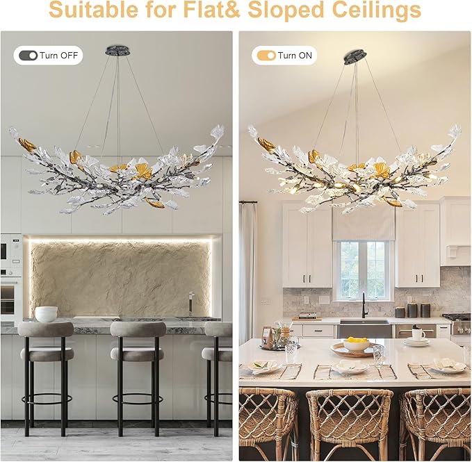 Modern Chandeliers for Dining Room，AioTio L47.2''Long Unique Glass Ginkgo Leaf Dining Chandeliers Over Table,Large Rectangle Tree Branch Ceiling Hanging Black Chandelier for Living Room,Kitchen Island