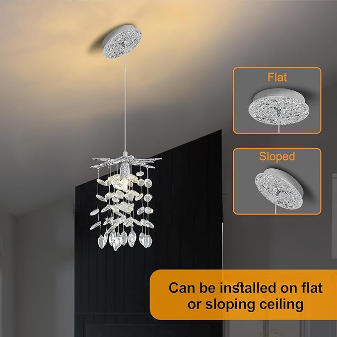 Modern K9 Crystal Tree Branches Chandelier, 8.6in Silver 1 Lights Large Ceiling Hanging Light for Dining Room, Round Tassel Ceiling Hanging