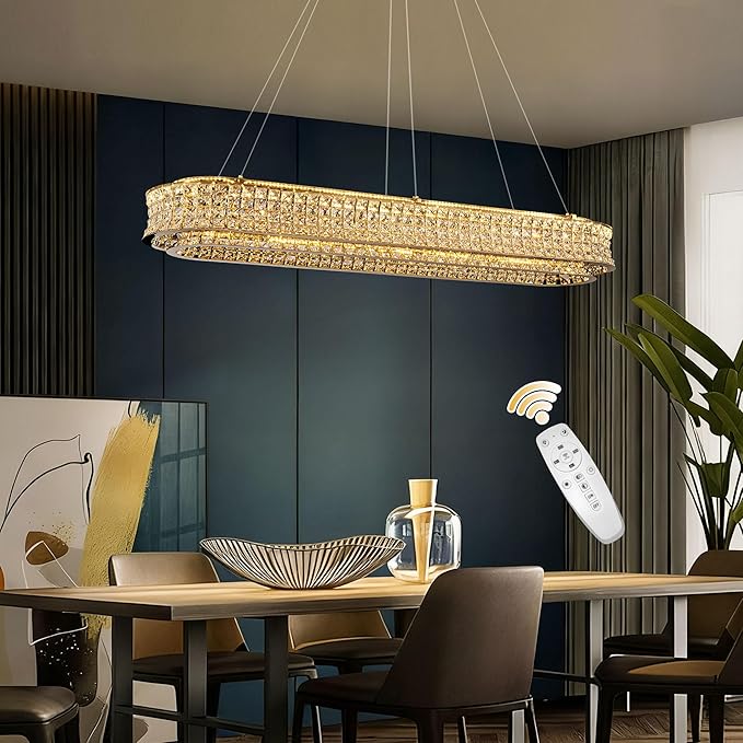 47" LED Rectangle Gold Crystal Chandeliers for Dining Room, Luxury, Rectangular Modern Crystal Oval Kitchen Chandelier, Dimmable LED with Remote, for Dining Room, Kitchen Island