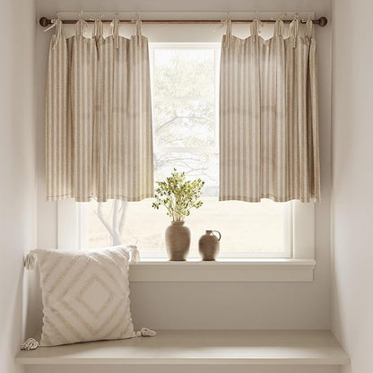 jinchan Tie Top Linen Kitchen Curtains 36 Inches Striped Tier Curtains Farmhouse Modern Cafe Style Small Window Treatments Airy Light Filtering Rod Pocket for Living Room Bathroom 2 Panels Tan