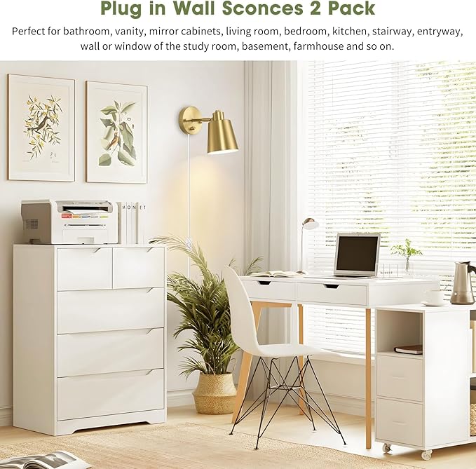Lomoky Dimmable Wall Sconces Plug in, Adjustable Angle Wall Lamps with Plug in Cord and Dimmer On/Off Knob Switch, Gold Wall Light with Metal Shade for Bedroom Bedside Doorway (2 Bulbs Included)