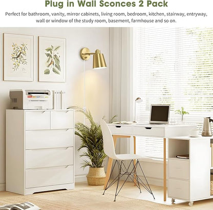 Lomoky Dimmable Wall Sconces Plug in, Adjustable Angle Wall Lamps with Plug in Cord and Dimmer On/Off Knob Switch, Gold Wall Light with Metal Shade for Bedroom Bedside Doorway (2 Bulbs Included)