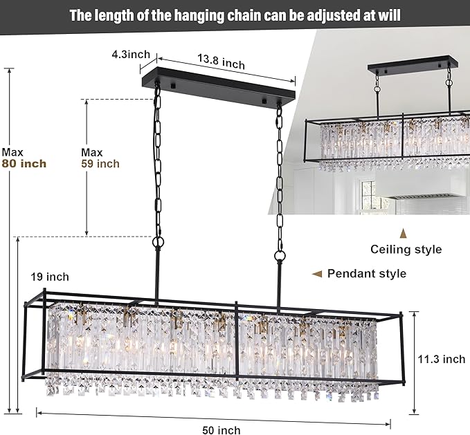 Modern Black Crystal Chandeliers For Dining Room, 50" Large Rectangle Water Ripple Glass Pendant Elegant Linear Lighting for Kitchen Island Dining Room LivingRoom Flat Inclined Ceiling,L50 x W11 x H19