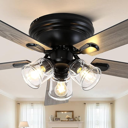 52" Flush Mount Ceiling Fan with Lights and Remote Control,Industrial Farmhouse Ceiling Fan,Reversible Quiet Motor,5 Wood Blades,3 Clear Glass Lights for Bedroom Living Room Kitchen