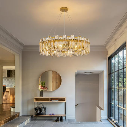 Modern Luxury K9 Crystal Chandelier 8-Lights Gold Round Pendant Light Easy Install Ceiling Hanging Light Fixture for Dining Living Room Kitchen Island Entryway Foyer D23.6