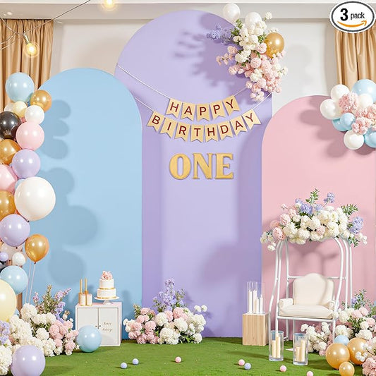 Set of 3 Arch Backdrop Covers(7.2ft, 6.6ft, 6ft) - Premium Stretchy Spandex Backdrop Arch Stand Cover for Baby Shower,Wedding,Party Decor Chiara Cover with Double-Sided Design(Pink Blue Lavender)