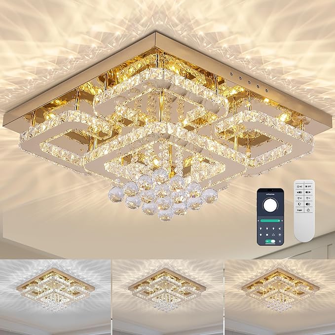 24 inch Flush Mount Chandelier Crystal Ceiling Light with Remote Control/APP, 3CCT Dimmable&Brightness Adjustable, Modern Crystal Raindrop Gold Chandeliers for Bedroom Hallway Dinning Room Living Room