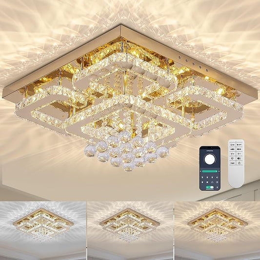 24 inch Flush Mount Chandelier Crystal Ceiling Light with Remote Control/APP, 3CCT Dimmable&Brightness Adjustable, Modern Crystal Raindrop Gold Chandeliers for Bedroom Hallway Dinning Room Living Room