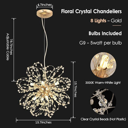 Firework Crystal Chandeliers, 8-Light Dandelion Gold Chandelier for Dining Room, Sputnik Small Chandeliers Light Fixture for Bedroom, Living Room, Kitchen, Restaurant