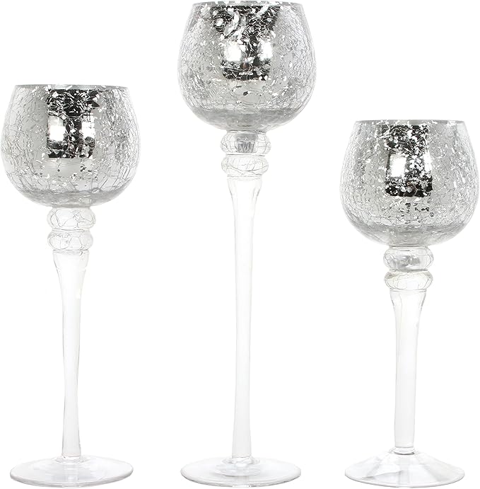 Hosley Set of 3 Crackle Metallic Glass Tealight Holders 12 Inch, 10 Inch, 9 Inch Elegant Home Decor for Ambient Lighting and Stylish Centerpieces and Gift