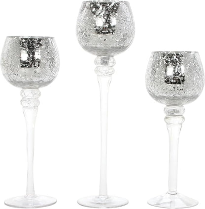 Hosley Set of 3 Crackle Metallic Glass Tealight Holders 12 Inch, 10 Inch, 9 Inch Elegant Home Decor for Ambient Lighting and Stylish Centerpieces and Gift