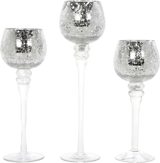 Hosley Set of 3 Crackle Metallic Glass Tealight Holders 12 Inch, 10 Inch, 9 Inch Elegant Home Decor for Ambient Lighting and Stylish Centerpieces and Gift