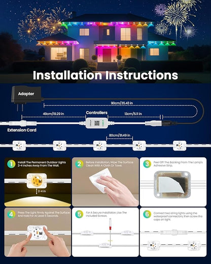 KISUFU 200FT RGB+IC Permanent Outdoor Lights, 24V Year-Round Roof & Eaves Lighting with 221 Modes, App & Remote Control, IP68 Waterproof, Smart Outside Lights for Halloween, Christmas, Holidays