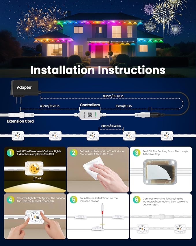 KISUFU 50FT Permanent Outdoor Lights for House, 24V RGB+IC Smart Outside Lights with 221 Modes, App & Remote Control, IP68 Waterproof, Year-Round Roof & Eaves Lighting for Valentine, Holidays (50FT)
