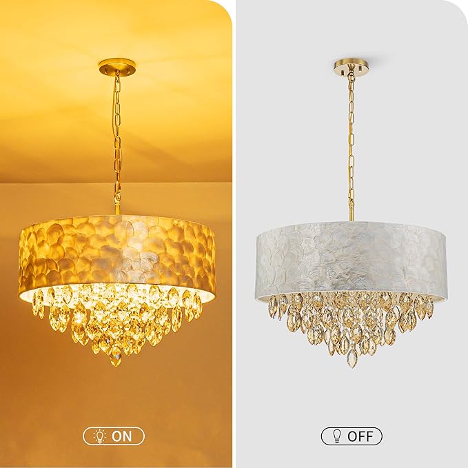 X-Large 6-Light Drum Capiz Shell K9 Crystal Chandelier, Coastal Style Pendant Light Fixture for Dining Room, Living Room, D24 * H24~70 Inch (Adjustable), Champagne Crystal & Chrome Finish