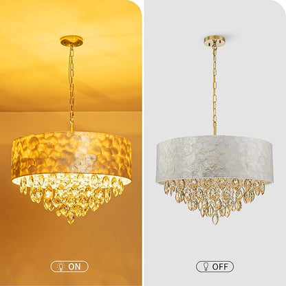 X-Large 6-Light Drum Capiz Shell K9 Crystal Chandelier, Coastal Style Pendant Light Fixture for Dining Room, Living Room, D24 * H24~70 Inch (Adjustable), Champagne Crystal & Chrome Finish