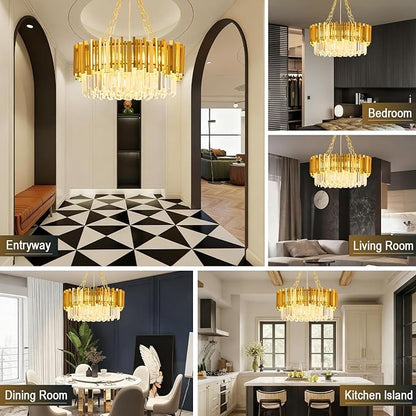 Modern Gold Crystal Chandelier 21.66" 8-Light 5-Tiers K9 Crystal Pendant Ceiling Light Fixture Luxury Round Raindrop Chandeliers for Dining Room Living Room Kitchen Island