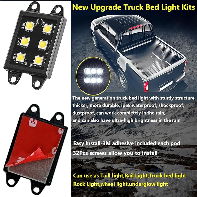 LED Truck Bed Light Kit-48 White LEDs Pickup Bed Lighting Kit,Rear Work Box Lighting Kit,Rail Lights,Side Marker Rock Light for Truck Pickup Cargo Trailer RVs Under Car w/Switch-8Pcs