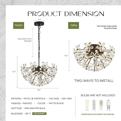 17" Modern Black Crystal Sputnik Chandelier for Dining Living Room Glam Luxury Petal Hemisphere Chandelier 7-Light for Foyer Hallway Elegant Pendant Ceiling Light Fixture for Kitchen Bedroom