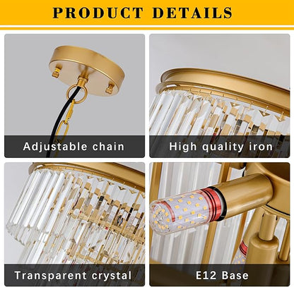 15.8" Gold Crystal Chandelier 6-Lights Crystal Round Pendant Lights 3-Tier Luxury Hanging Ceiling Light Fixture for Hallway Dining Room Living Room Bedroom Kitchen Island Stairway Entryway
