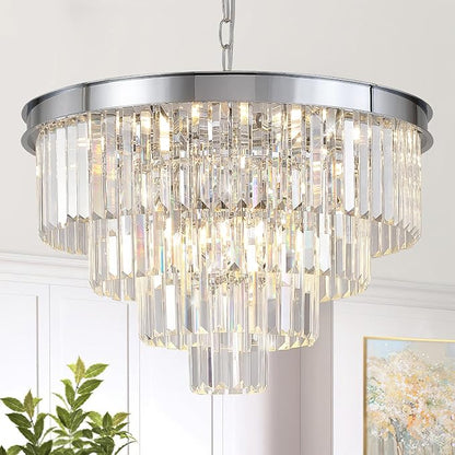 A AXILIXI Chrome Crystal Chandelier 24” Modern Chandelier for Dining Room Round Ceiling Pendant Light Fixture 4 Tiers 12 Lights Luxury Large Chandelier for Entryway Living Room Bedroom