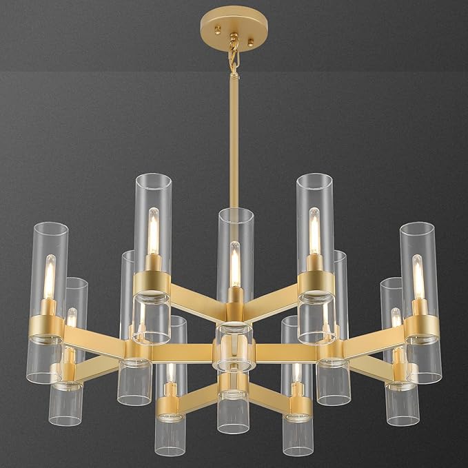 12 Light Gold Chandeliers for Dining Room Light Fixture, Modern Farmhouse Chandelier Over Table, Kitchen Hanging Lighting with Clear Glass Cover for Living Dining Room Kitchen Bedroom Foyer 34"