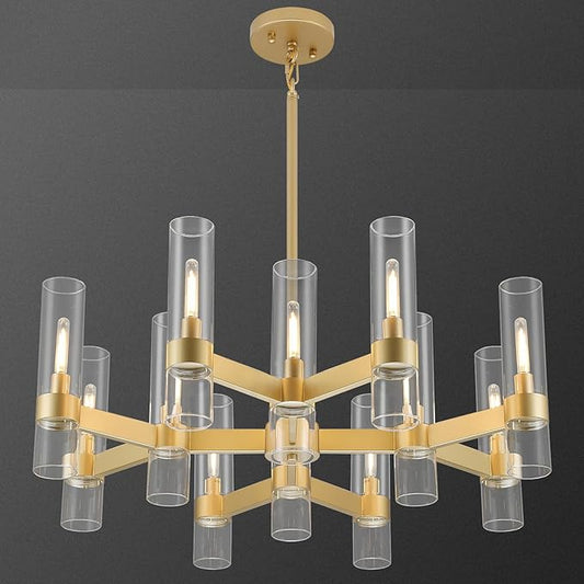 12 Light Gold Chandeliers for Dining Room Light Fixture, Modern Farmhouse Chandelier Over Table, Kitchen Hanging Lighting with Clear Glass Cover for Living Dining Room Kitchen Bedroom Foyer 34"