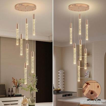 7-Lights High Ceiling Crystal Chandelier, Modern LED Raindrop Pendant Light Fixture 60" H Flush Mount Chandelier Gold for Foyer Staircase Living Room