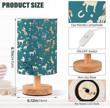 Table Lamp Horse Pattern Colorful Star Horseshoes Letter Nightstand Lamp with Wood Base Fabric Lamp Shade Bedside Desk Lamp for Living Room Bedroom Kids Room Office