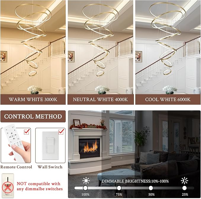 Modern LED Chandelier 8 Rings Dimmable Gold High Ceiling Chandelier Foyer, Large LED Contemporary Pendant Lighting for Staircase Entryway Living Room, D35’’ 3000K-6500K