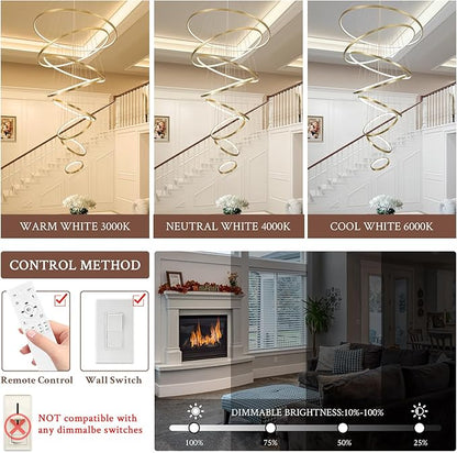 Modern LED Chandelier 8 Rings Dimmable Gold High Ceiling Chandelier Foyer, Large LED Contemporary Pendant Lighting for Staircase Entryway Living Room, D35’’ 3000K-6500K