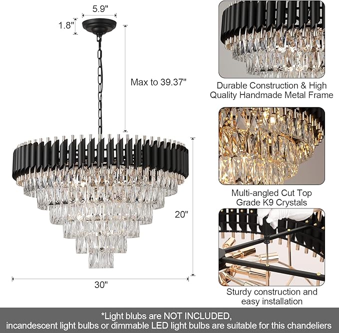 AXILIXI Black and Gold Crystal Chandeliers 30” Modern Dining Room Chandelier Round 6 Tiers K9 Crystal Large Pendant Light Fixtures for Entryway Foyer Stairwell Living Room