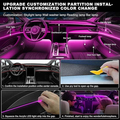Acrylic Interior Car LED Strip Light with Wireless APP, RGB 10 in 1 with 175 inches 600 LEDs Fiber Optic Car Ambient Lighting Kits, 16 Million Colors Sound Active Function LED Strip for Car