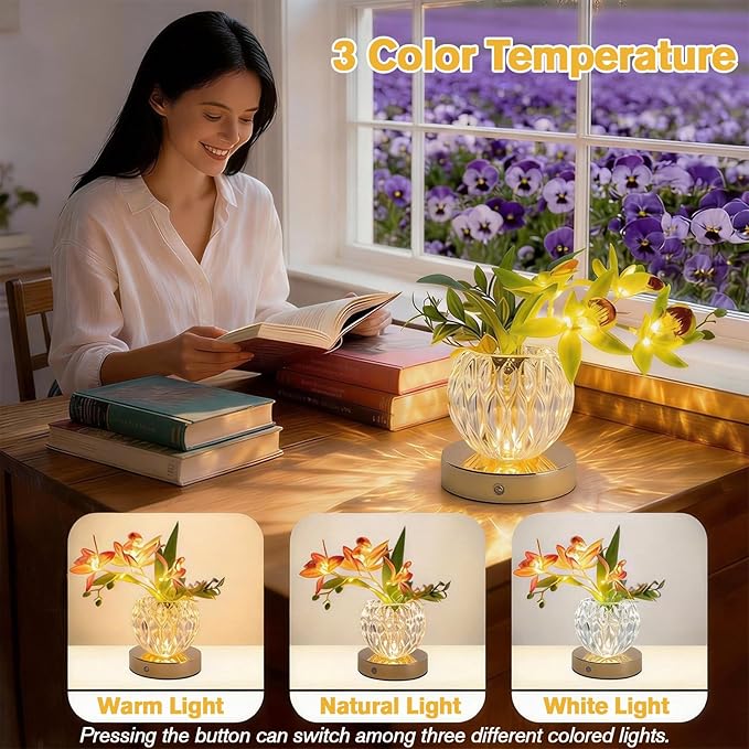 Flower Table Lamp, 3 Colors Orchid Night Light, Cordless Touch Dimming Flower with Vase Lamp, LED Desktop Decorative Landscape Lights for Festival Party Home Decor (Pink-Ivory Orchid)