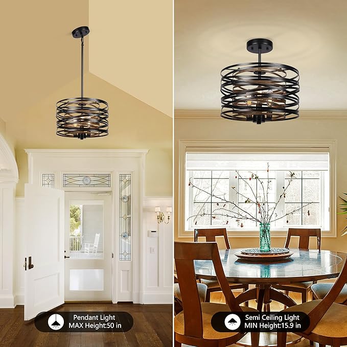 Sigaitwei 3-Light Dining Room Chandelier，12.6" Rustic Black Drum Chandeliers，Wood Grain and Vintage Light Fixture for Kitchen Entryway Living Room