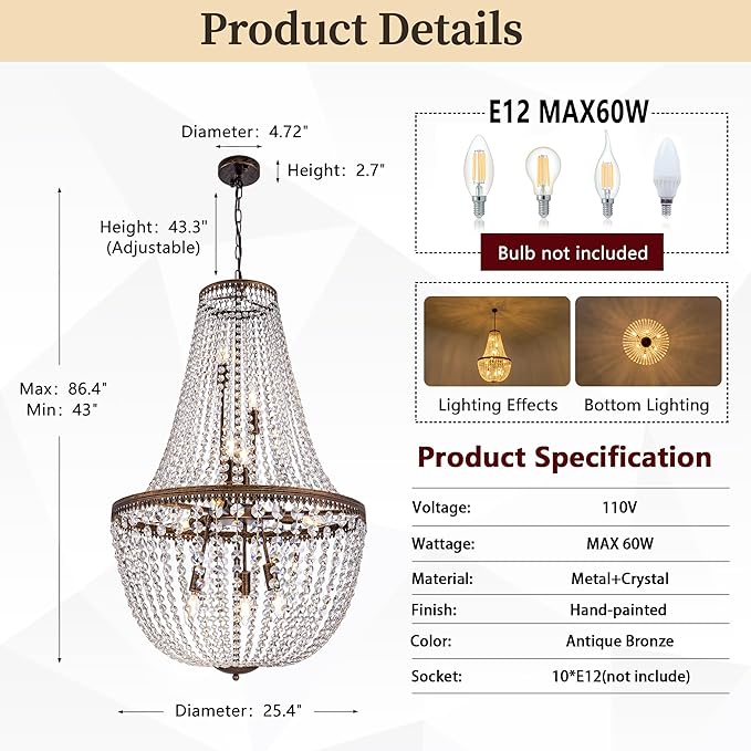 Wellmet French Empire Crystal Chandelier Farmhouse Antique Bronze Chandeliers Light Fixture, 10 Lights Adjustable Pendant Light for Dining Living Room, Bedroom, Entryway, Kitchen, Foyer, 25.4" W