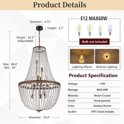 Wellmet French Empire Crystal Chandelier Farmhouse Antique Bronze Chandeliers Light Fixture, 10 Lights Adjustable Pendant Light for Dining Living Room, Bedroom, Entryway, Kitchen, Foyer, 25.4" W