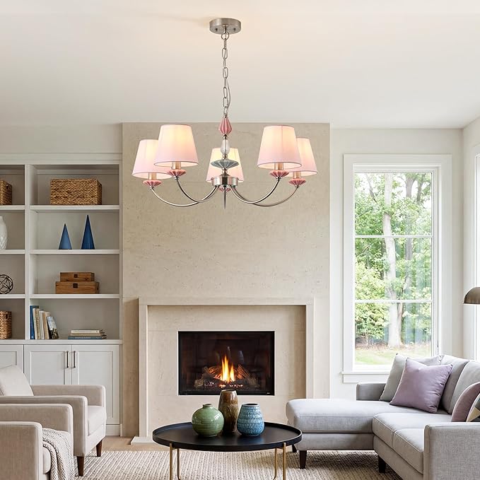 Pink Chandelier for Bedroom Light Fixture，Brushed Nickel Art Deco Chandelier with Fabric Shade,Antique Modern Chandeliers paired with Ceramic for Girls Bedroom，Living Room，Dining Room